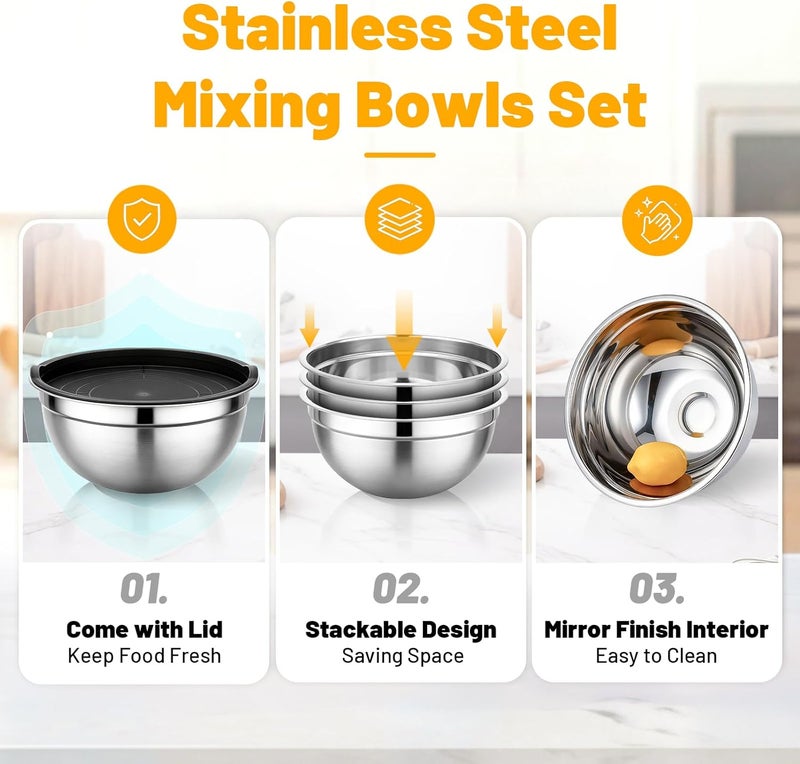 Beasea Mixing Bowls with Lids, 3 Pack 3.4 QT Kitchen Stainless Steel Mixing Bowls with Airtight Lids, Metal Nesting Set for Baking, Prepping, Serving, Salad and Food Storage - Image 3