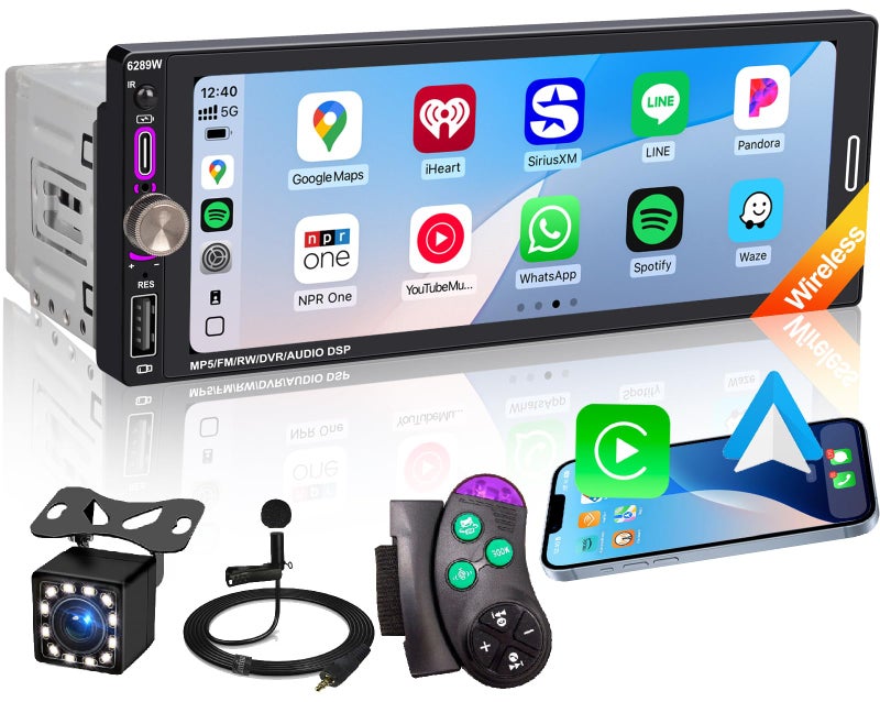 Oeretzrac 6.9" Single DIN Car Radio with Wireless Apple CarPlay, Car Bluetooth 5.2, AM FM Radio, IPS Touchscreen 1280x480, Backup Camera, Type-C Fast Charging, USB, 180W Subwoofer, Android Auto, GPS Navigation - Image 1