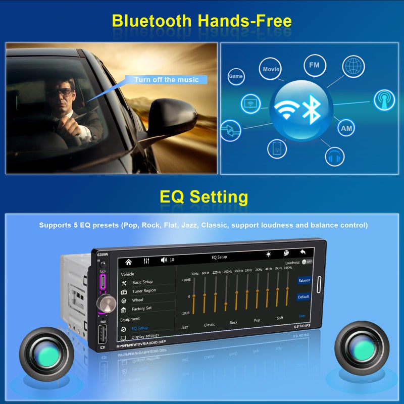 Oeretzrac 6.9" Single DIN Car Radio with Wireless Apple CarPlay, Car Bluetooth 5.2, AM FM Radio, IPS Touchscreen 1280x480, Backup Camera, Type-C Fast Charging, USB, 180W Subwoofer, Android Auto, GPS Navigation - Image 5