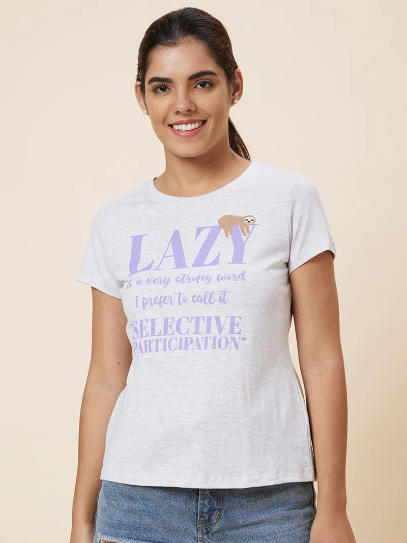 globus Globus Women Grey Melange Typography Printed Pure Cotton T-Shirt