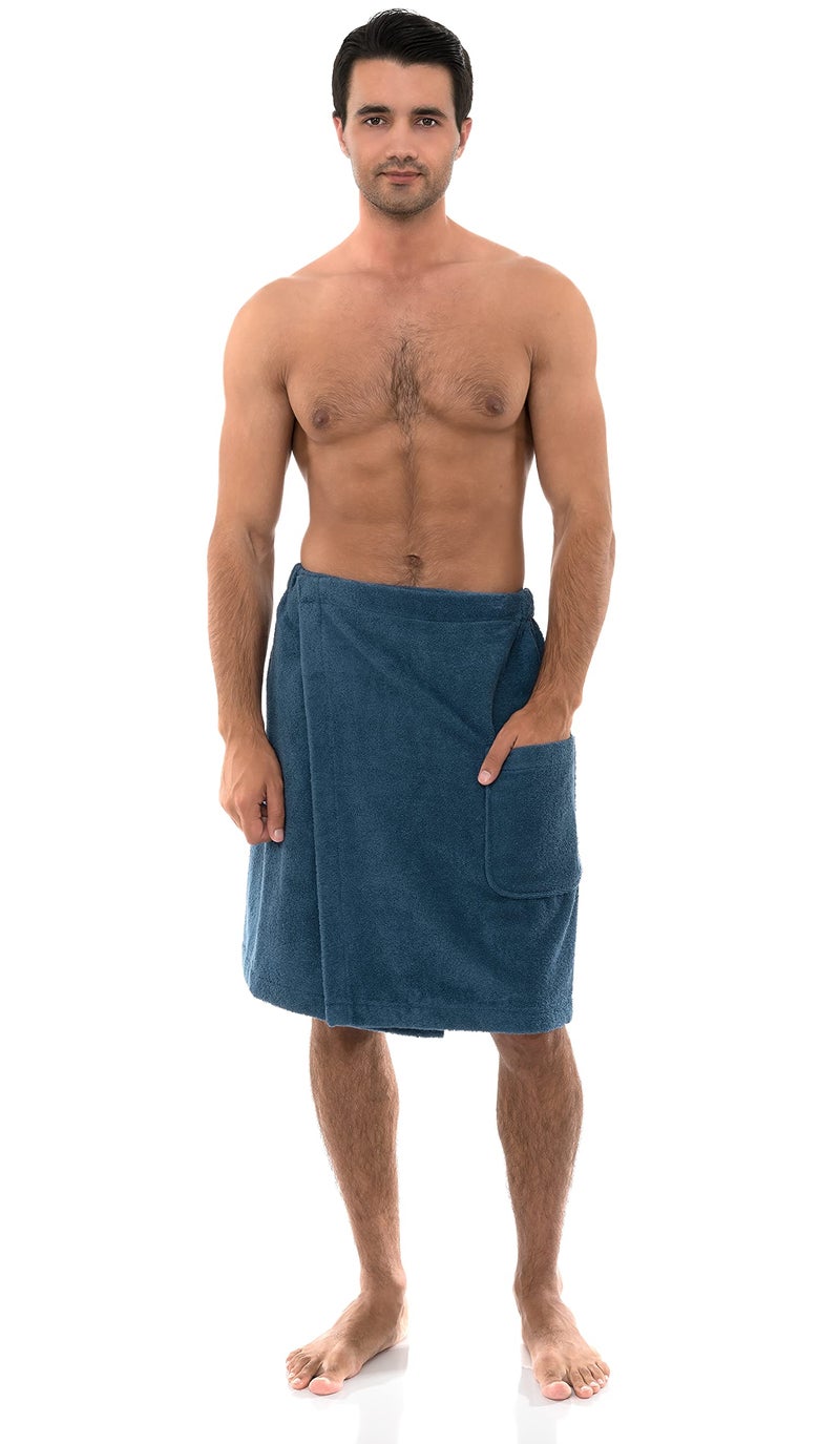 TowelSelections Mens Shower Wrap Adjustable Cotton Terry Bath Gym Cover Up with Snaps SmallLarge Stellar Blue
