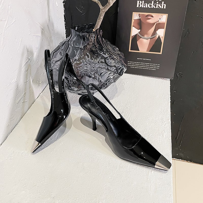 British Style High Heel Back Empty Sandals Iron Toe Back Lace-Up Stiletto Heel Sandals Patent Leather Solid Color High Workplace High Heels - Image 3