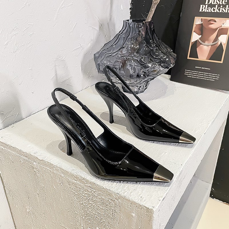 British Style High Heel Back Empty Sandals Iron Toe Back Lace-Up Stiletto Heel Sandals Patent Leather Solid Color High Workplace High Heels - Image 2