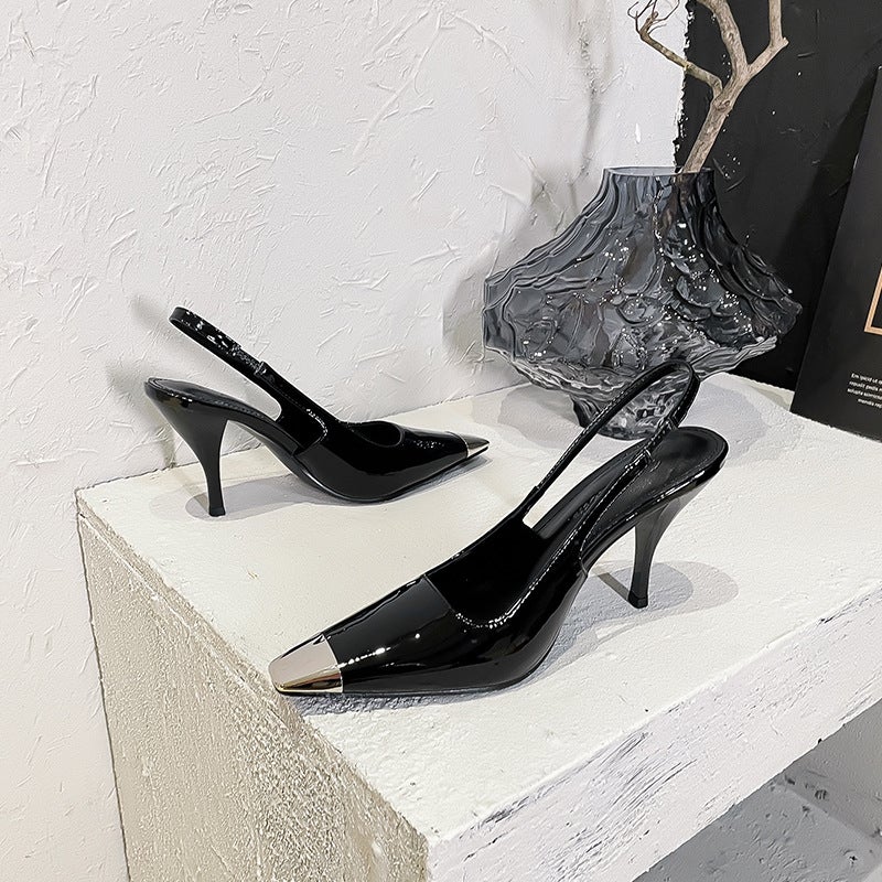British Style High Heel Back Empty Sandals Iron Toe Back Lace-Up Stiletto Heel Sandals Patent Leather Solid Color High Workplace High Heels - Image 4