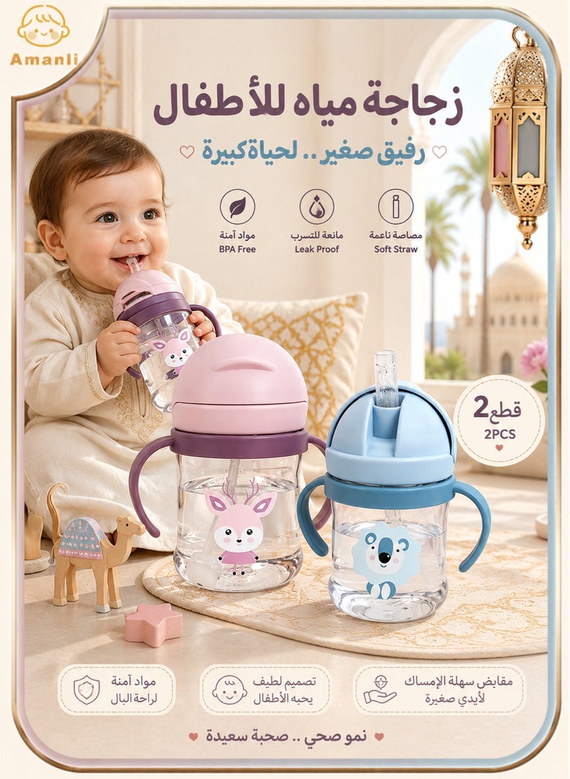 Amanli 2-Pcs Baby Sippy Cups For 6 Months +, 250ml Baby Cup with Weighted Straw and Easy Grip Handles, Kids Water Bottle with Simple Flip Lid, 360 Degree Spill Proof Toddler Cup - Image 1