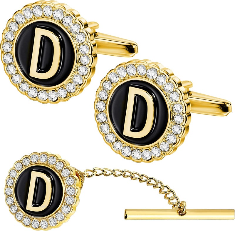 هاوسن Gold Cufflinks and Tie Tack for Men, Gold Cufflinks Crystal with Lapel Pins for Men's Women Set, Tie Tack with Chain on Tie Wedding Business Accessories - Image 1