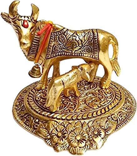 CRAFTBERRY Brass Golden Kamdhenu Cow with Calf Spiritual Vastu Nandi Pooja Figurine Sculpture Vastu Gau MATA Idol Kamdhenu Cow Calf Idol for Home and Office