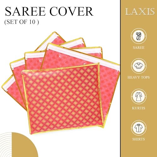 LAXIS® Non-Woven Single Saree Cover, Saree Bags, Transparent Saree Covers with Zip for Storage, Dust & Waterproof, Wardrobe Saree Packing Covers, Size-36x42x2 CM (Pack of 10, Red) - Image 2