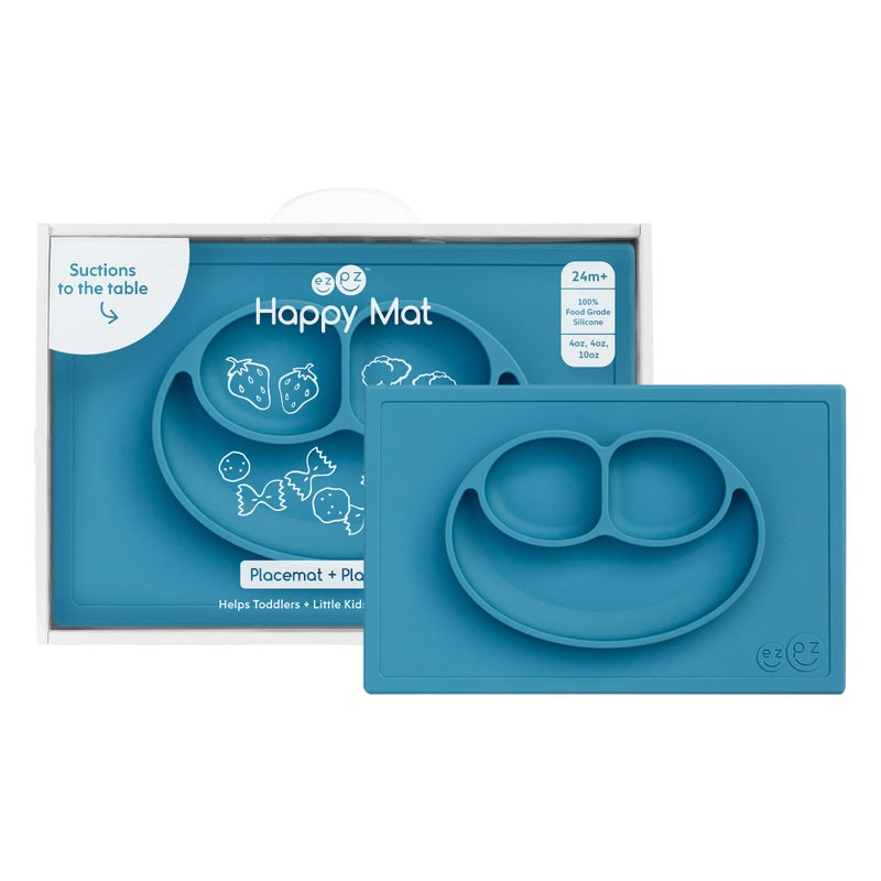 ezpz Happy Mat (Blue) - 24 Months+ - 100% Silicone Suction Placemat + Divided Plate with Three Compartments - Toddler + Preschool Essentials - Image 1