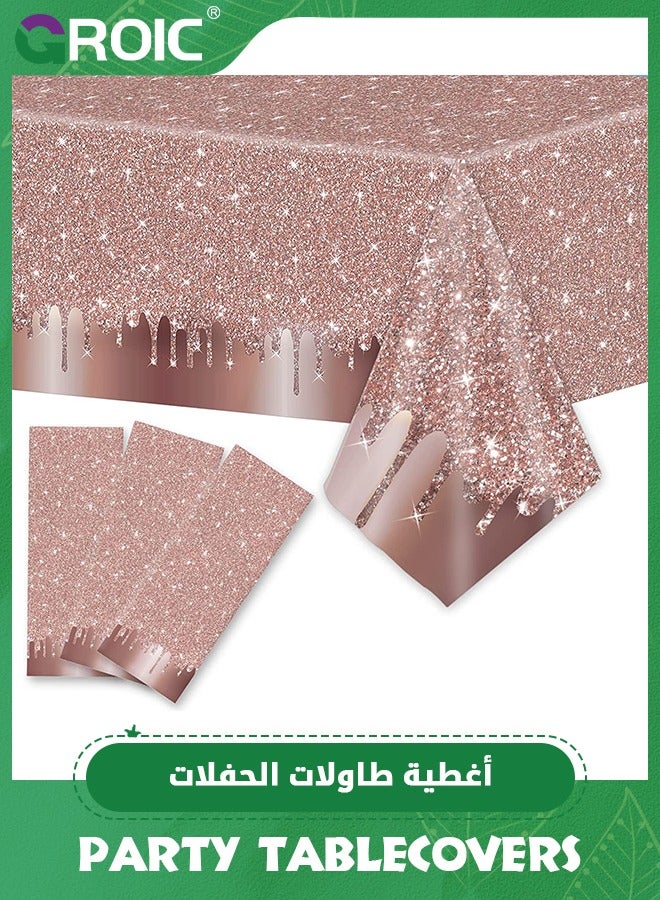 GROIC مفارش المائدة لحفلات أعياد الميلاد باللون الذهبي الوردي، غطاء طاولة بلاستيكي مطبوع بالترتر الذهبي الوردي، خلفية من الماس اللامع لعيد ميلاد سعيد للفتيات، ذكرى تخرج الزفاف، داخلي وخارجي، مستلزمات الحفلات (قطعة واحدة) - Image 1