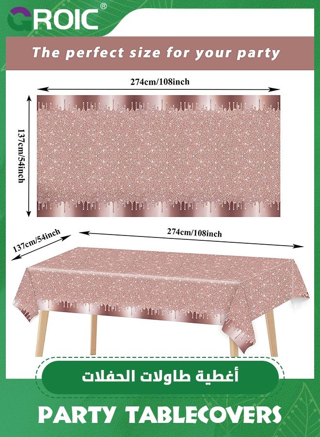 GROIC مفارش المائدة لحفلات أعياد الميلاد باللون الذهبي الوردي، غطاء طاولة بلاستيكي مطبوع بالترتر الذهبي الوردي، خلفية من الماس اللامع لعيد ميلاد سعيد للفتيات، ذكرى تخرج الزفاف، داخلي وخارجي، مستلزمات الحفلات (قطعة واحدة) - Image 2