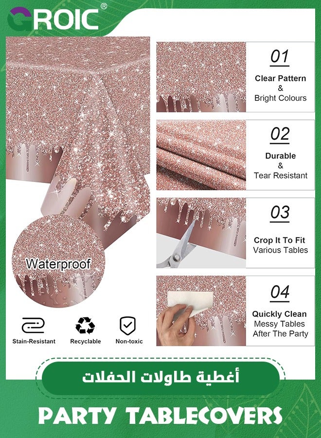 GROIC مفارش المائدة لحفلات أعياد الميلاد باللون الذهبي الوردي، غطاء طاولة بلاستيكي مطبوع بالترتر الذهبي الوردي، خلفية من الماس اللامع لعيد ميلاد سعيد للفتيات، ذكرى تخرج الزفاف، داخلي وخارجي، مستلزمات الحفلات (قطعة واحدة) - Image 4