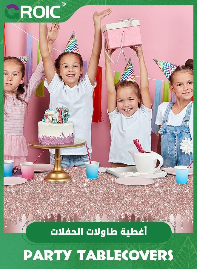 GROIC مفارش المائدة لحفلات أعياد الميلاد باللون الذهبي الوردي، غطاء طاولة بلاستيكي مطبوع بالترتر الذهبي الوردي، خلفية من الماس اللامع لعيد ميلاد سعيد للفتيات، ذكرى تخرج الزفاف، داخلي وخارجي، مستلزمات الحفلات (قطعة واحدة) - Image 5