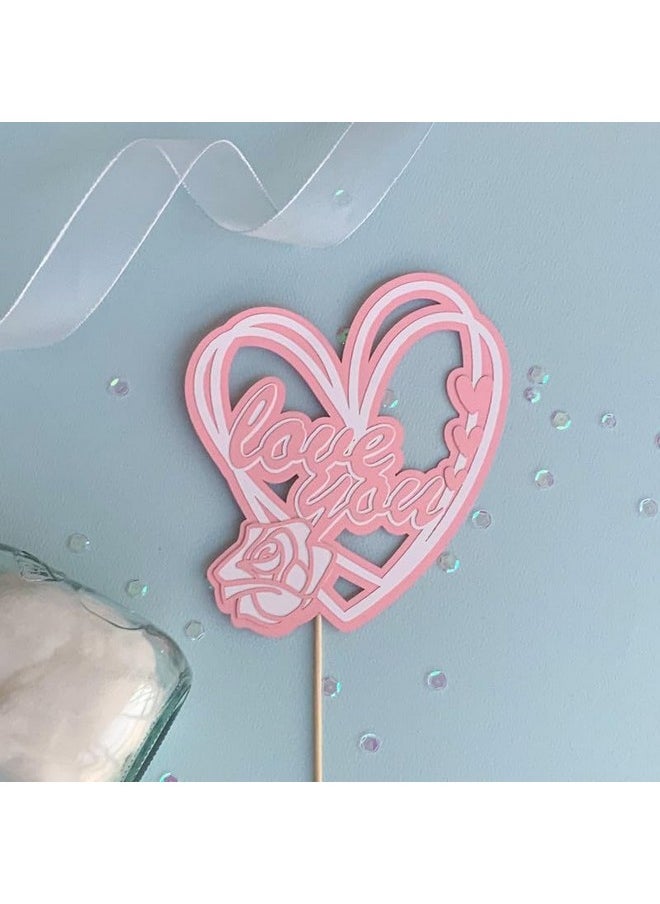 Pinfliers Pinfliers Valentine/Happy Anniversary Cake Topper for Cake Decoration, Paper Rose Love You Wedding Anniversary Cake Topper,1 pc, Love You Cake Topper for Husband/Wife Birthday, Pastel Pink  - Image 3