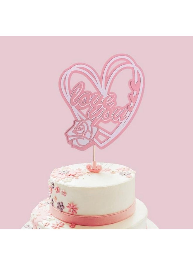 Pinfliers Pinfliers Valentine/Happy Anniversary Cake Topper for Cake Decoration, Paper Rose Love You Wedding Anniversary Cake Topper,1 pc, Love You Cake Topper for Husband/Wife Birthday, Pastel Pink  - Image 1