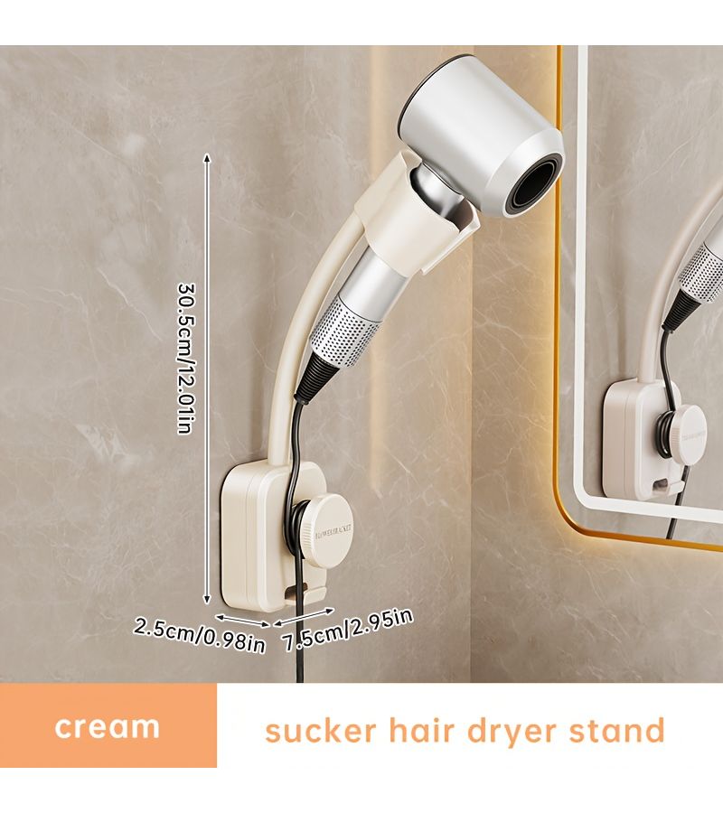 Grey Metal Suction Cup Hair Dryer Holder Wall Mount No Drill Compact Organizer - Image 1