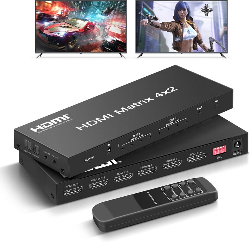 FERRISA 4x2 HDMI Matrix Switch, 4 in 2 Out Matrix HDMI Video Switcher Splitter +Optical & L/R Audio Output,Support Ultra HD 4K, 3D 1080P, Audio EDID Extractor with IR Remote Control - Image 1