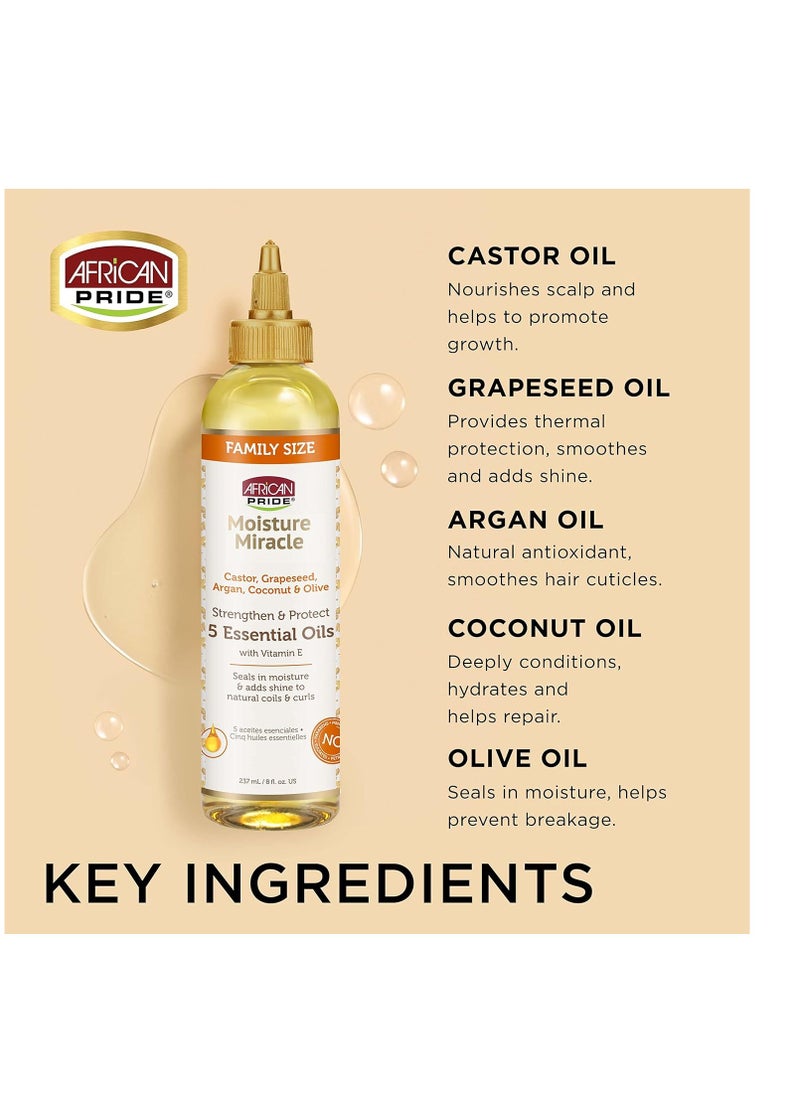 African Pride African Pride Moisture Miracle 5 Essential Hair Oils - Contains Castor, Grapeseed, Argan, Coconut & Olive Oil, Seals in Moisture & Adds Shine to Hair, Vitamin E, 8 oz  - Image 2
