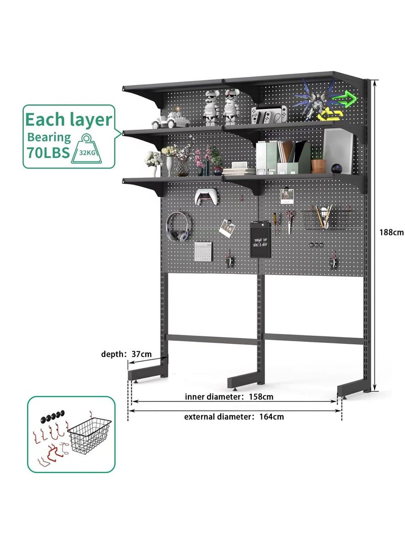 Royal Polar - ROYAL POLAR Gaming Standing Shelf Units Free Standing Pegboard Cabinet Home Office Metal Pegboard Combination Kit Organizer Tool Holders Pegboard Panels (Black, Width 1.64m) - Image 1