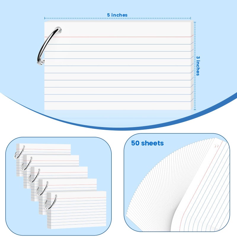 AILZFEI 250 Count White Index Cards 3x5 Inch with Key Ring, 180gsm Heavyweight Flash Card (50 Sheets Each), Durable & Portable Note Taking for Students, Teachers, Study Note Cards for Office Home School - Image 2