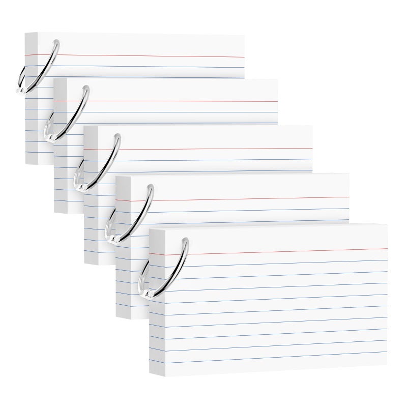 AILZFEI 250 Count White Index Cards 3x5 Inch with Key Ring, 180gsm Heavyweight Flash Card (50 Sheets Each), Durable & Portable Note Taking for Students, Teachers, Study Note Cards for Office Home School - Image 1