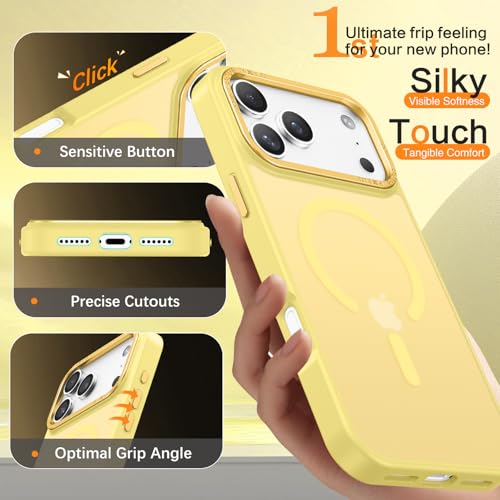 GUAGUA for iPhone 17 Pro Case Compatible with MagSafe iPhone 17 Pro Magnetic Case Translucent Matte Skin Feeling Shockproof Protective Anti-Scratch Case for Phone 17 Pro 6.3", Yellow - Image 3