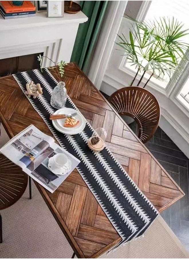 Kutis 1-Piece Tassel Cotton Thread Stripe Stitching Braid Tablecloth Table Runner for Coffee Table Dining Table TV Cabinet Tablecloth Black/White 180 x 30 Centimeter  - Image 2