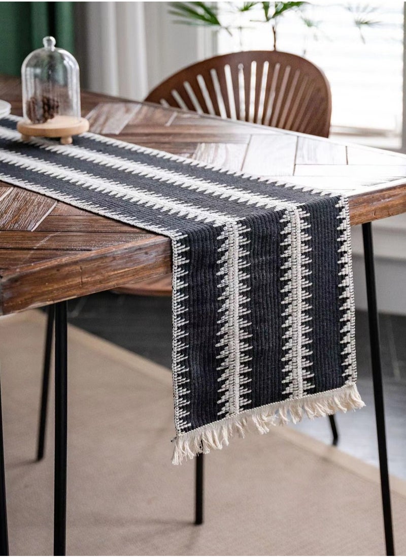 Kutis 1-Piece Tassel Cotton Thread Stripe Stitching Braid Tablecloth Table Runner for Coffee Table Dining Table TV Cabinet Tablecloth Black/White 180 x 30 Centimeter  - Image 1
