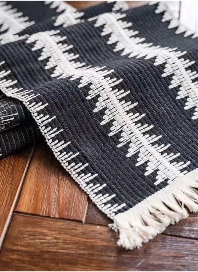 Kutis 1-Piece Tassel Cotton Thread Stripe Stitching Braid Tablecloth Table Runner for Coffee Table Dining Table TV Cabinet Tablecloth Black/White 180 x 30 Centimeter  - Image 4
