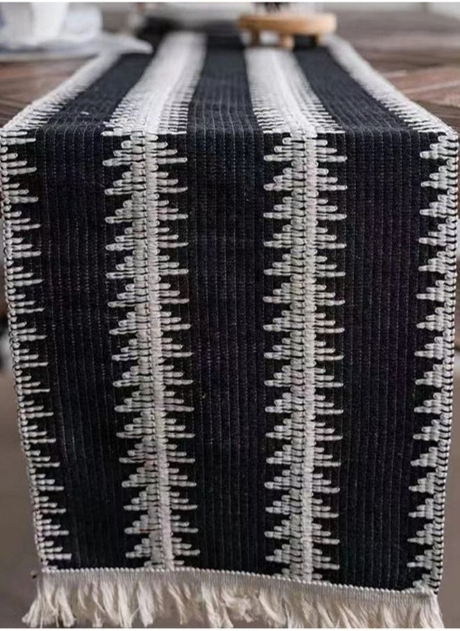 Kutis 1-Piece Tassel Cotton Thread Stripe Stitching Braid Tablecloth Table Runner for Coffee Table Dining Table TV Cabinet Tablecloth Black/White 180 x 30 Centimeter  - Image 3