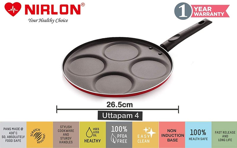 Nirlon Non Stick Aluminium Mini Pancake/Uttapam Pan, (4 Cavity) RED - Image 2