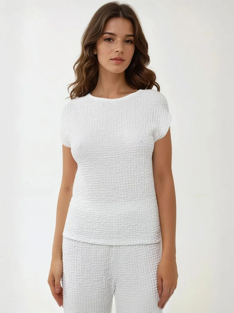 HICCUP Textured Crew Neck Short Sleeve Top