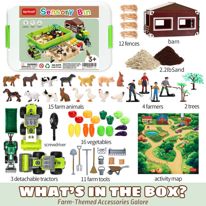 Aprilwolf 69 PCS Farm Sensory Bin Toys Playset, Sandboxes with Sand, Farmer Tractor & Farm Animals Figures Toys for Kids 3 4 5, Gifts for 6 7 Years Old Boys Girls Toddlers - Image 2