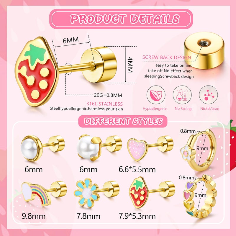 Florideco 18K Gold Plated Hypoallergenic Earrings For Women 316 Surgical Steel Earrings for Sensitive Ears Cute Small Daisy Hoop Earring Heart Flower Strawberry Rainbow Flat Back Earring Sets - Image 2