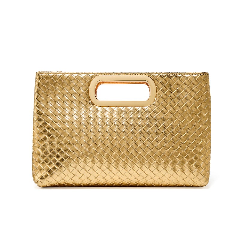 MUDUO Women's Woven Evening Bag Casual Leather Shoulder Handbag Fashion Clutch Purse (Gold) - Image 1