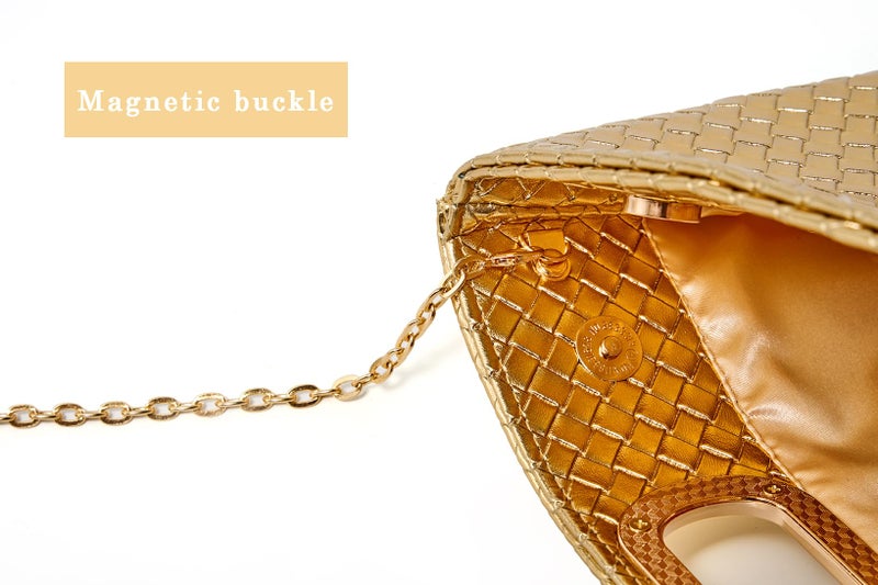 MUDUO Women's Woven Evening Bag Casual Leather Shoulder Handbag Fashion Clutch Purse (Gold) - Image 5