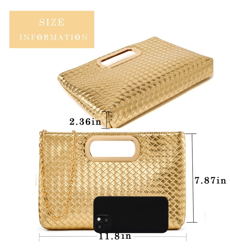 MUDUO Women's Woven Evening Bag Casual Leather Shoulder Handbag Fashion Clutch Purse (Gold) - Image 3