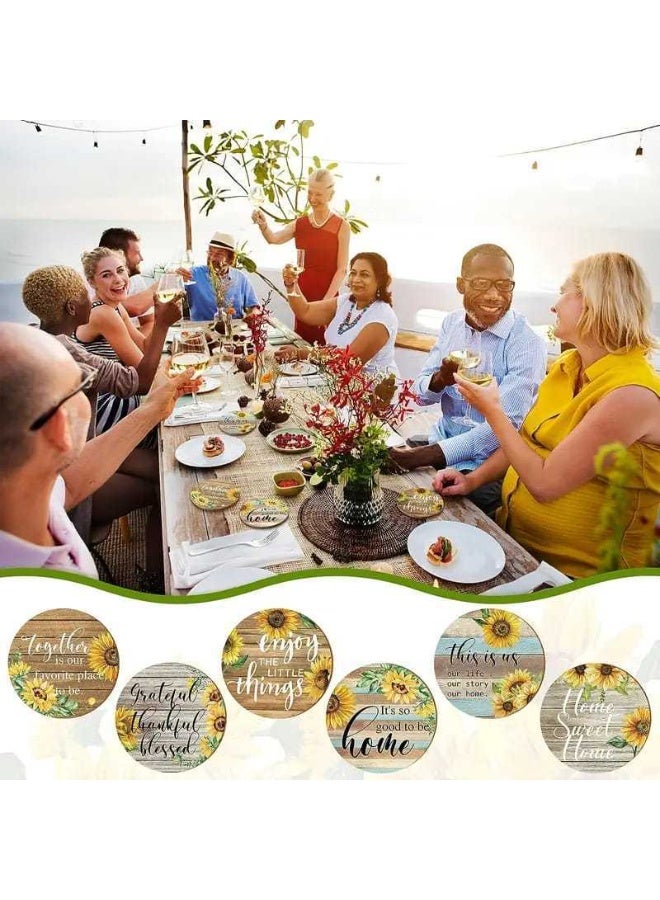 Sunflower Wooden Coasters Set of 6, Vintage Print Heat-Resistant Coasters, Round Table Decor for Home Kitchen - Image 5