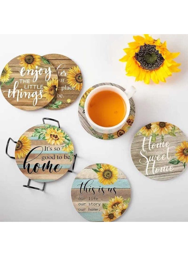 Sunflower Wooden Coasters Set of 6, Vintage Print Heat-Resistant Coasters, Round Table Decor for Home Kitchen - Image 3