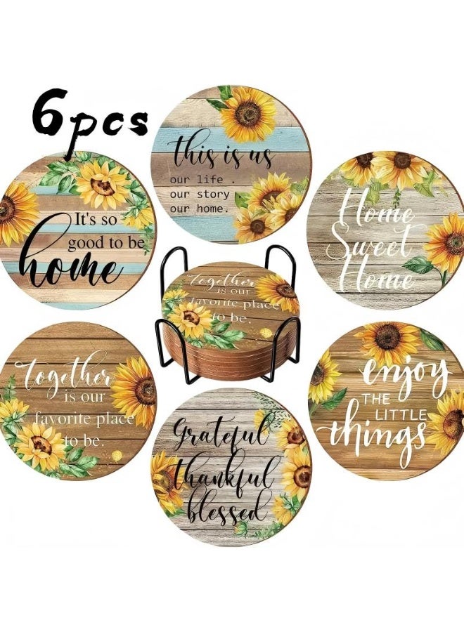 Sunflower Wooden Coasters Set of 6, Vintage Print Heat-Resistant Coasters, Round Table Decor for Home Kitchen - Image 1