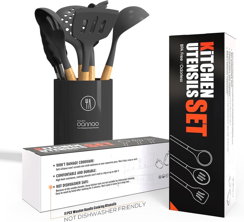 14 Pieces Silicone Cooking Utensils Set 230 C Heat Resistant Tongs Spatula Spoon Brush Whisk Kitchen Utensil Set with Wooden Handles for Non-Stick Cookware (BPA Free) - Image 5