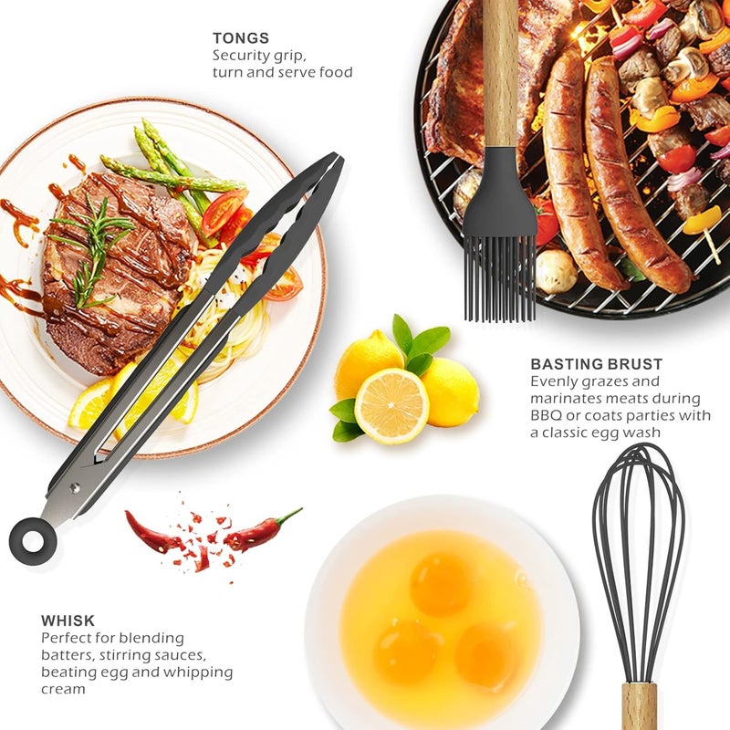14 Pieces Silicone Cooking Utensils Set 230 C Heat Resistant Tongs Spatula Spoon Brush Whisk Kitchen Utensil Set with Wooden Handles for Non-Stick Cookware (BPA Free) - Image 4