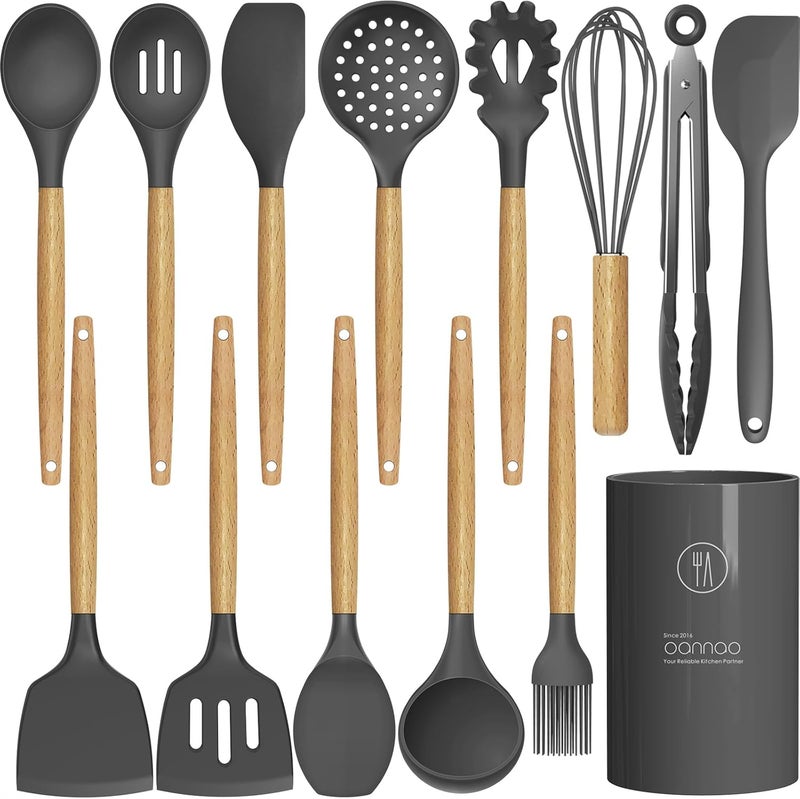14 Pieces Silicone Cooking Utensils Set 230 C Heat Resistant Tongs Spatula Spoon Brush Whisk Kitchen Utensil Set with Wooden Handles for Non-Stick Cookware (BPA Free) - Image 1