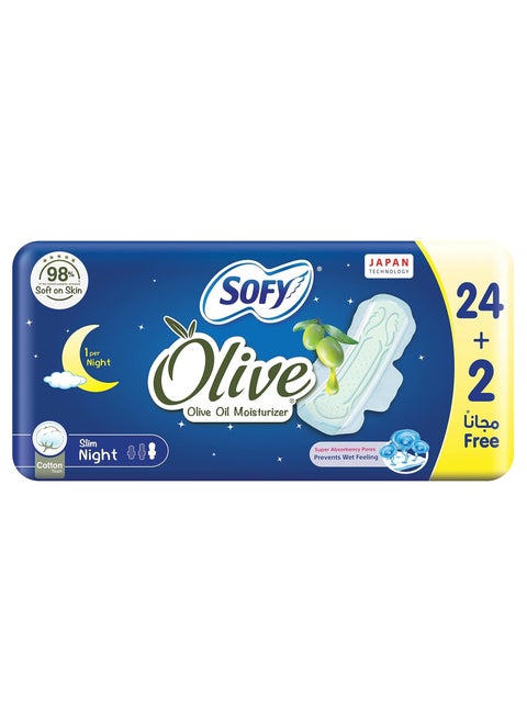 Soft, comfortable night sanitary pads with moisturizing olive oil to reduce itching and preserve the skin, dermatologically tested, individually packaged, large size, 26 pads (24+2 free)