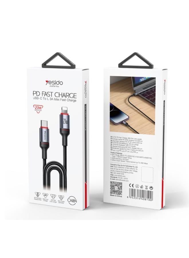 Yesido CA184 Type-C to Lightning Fast Charging Cable, 2m, 27W, with LED Light, 48 Pins.  - Image 5