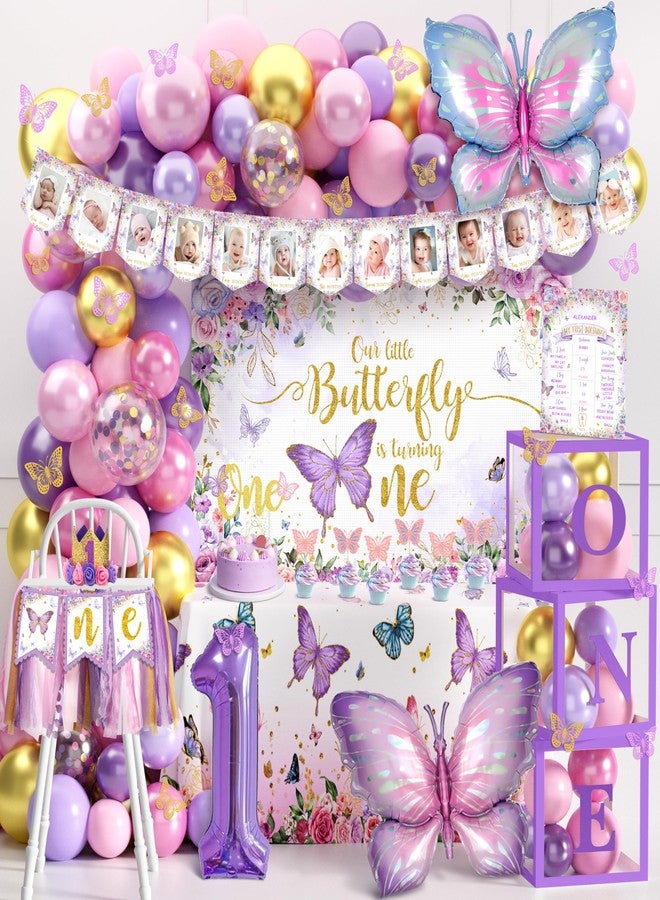 TREWAVE Butterfly First Birthday Decorations for Girl Pink Purple Butterfly 1st Birthday Party Decoration Supplies Include Balloon Arch Balloon Boxes Butterfly Backdrop Tablecloth Birthday Hat - Image 1