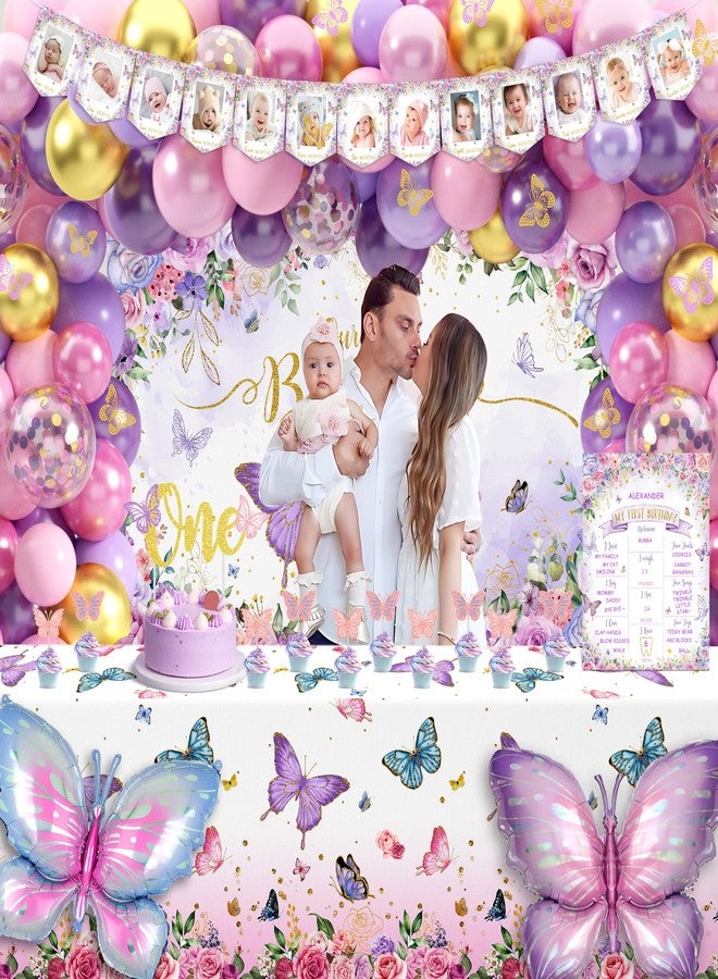 TREWAVE Butterfly First Birthday Decorations for Girl Pink Purple Butterfly 1st Birthday Party Decoration Supplies Include Balloon Arch Balloon Boxes Butterfly Backdrop Tablecloth Birthday Hat - Image 5