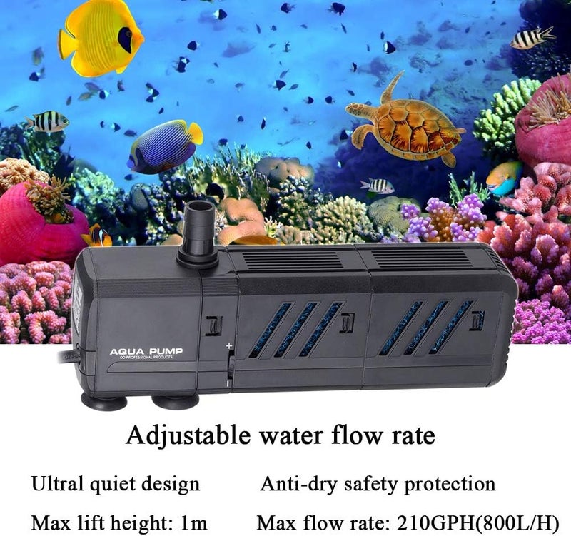 MQ مضخة مياه غاطسة 210GPH (800L/H، 8W) مع فلاتر وفوهات مياه، هادئة للغاية للأكواريوم، حوض السمك، البركة، النافورة، الزراعة المائية - Image 2