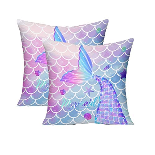 MUSOLEI Mermaid Pillow Cover18x18 Pack of 2 Square Soft Mermaid Tail Blue Pillow Cases with Zipper Mermaid Nursery Decor Girl Bedroom Decor Little Mermaid Room Decor for Girls Couch Sofa Living Room