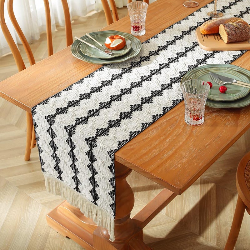 vgunama Boho Table Runners with Tassels 72inches, Macrame Farmhouse Table Runner For Dining, Bedroom & Kitchen Decor (black and white) - Image 5